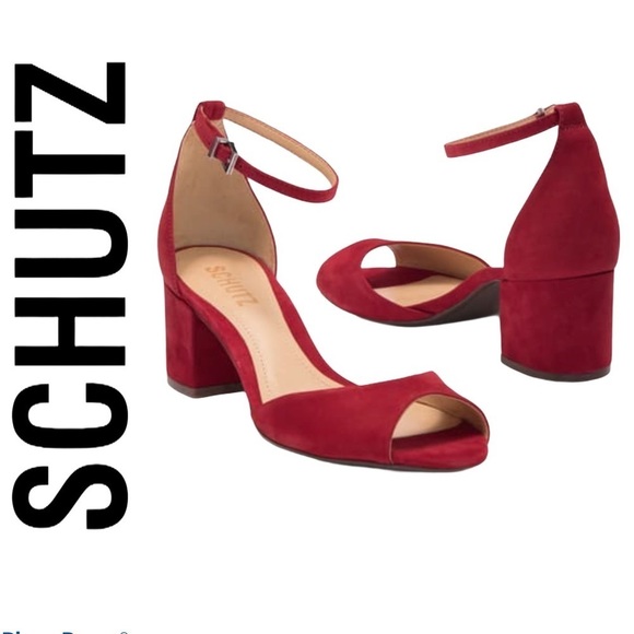 Schutz Roama Red Suede Block Heel Sandals - Picture 1 of 15